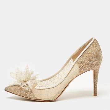 Pre Owned Jimmy Choo Beige Lace Floral Applique Pumps Size 38.5 