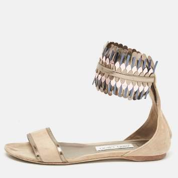 Pre Owned Jimmy Choo Beige Suede Kimro Fringe Ankle Cuff Flat Sandals Size 37