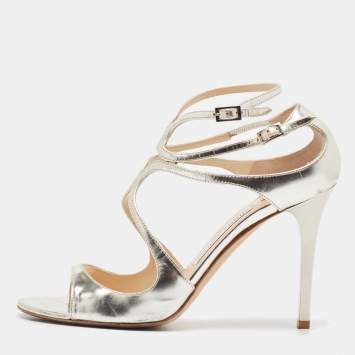 Pre Owned Jimmy Choo Silver Leather Lance Ankle Strap Sandals Size 38.5