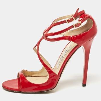 Pre Owned Jimmy Choo Red Patent Ivette Ankle Strap Sandals Size 39