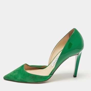 Pre Owned Jimmy Choo Green Patent Leather and Suede Liz Pointed Toe D'orsay Pumps Size 36.5