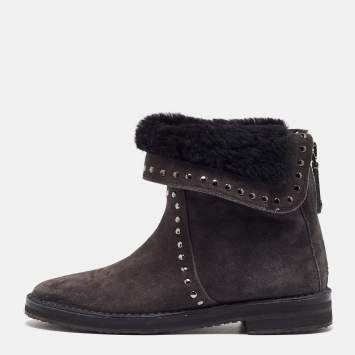 Pre Owned Jimmy Choo Dark Grey Suede Studded Ankle Snow Boots Size 38.5