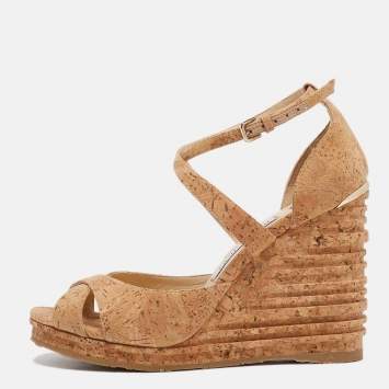 Pre Owned Jimmy Choo Brown Cork Alanah 105 Cork Platform Wedge Sandals Size 38.5