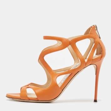 Pre Owned Jimmy Choo Orange Leather Ankle Strap Sandals Size 37