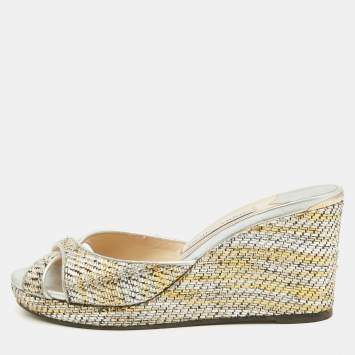 Pre Owned Jimmy Choo Metallic Leather and Raffia Almer Wedge Sandals Size 38.5