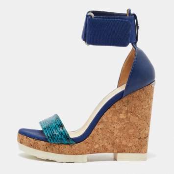 Pre Owned Jimmy Choo Blue Python and Leather Neston Cork Platform Wedge Sandals Size 38
