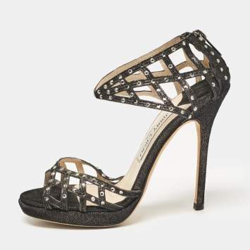 Pre Owned Jimmy Choo Black Suede Crystal Embellished Cut Out Strappy Sandals Size 35.5