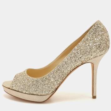 Pre Owned Jimmy Choo Metallic Gold Glitter Dahlia Platform Peep Toe Pumps Size 38.5