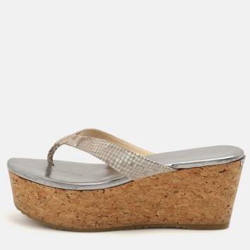 Pre Owned Jimmy Choo Beige Python Texture Suede Paque Cork Platform Thong Sandals Size 41