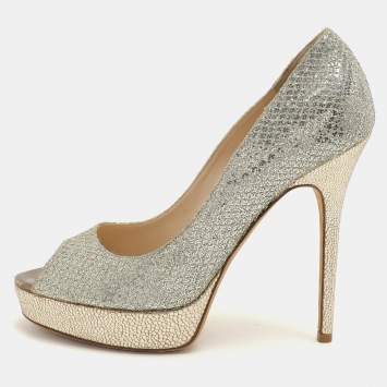 Pre Owned Jimmy Choo Gold Glitter Luna Platform Pumps Size 38.5
