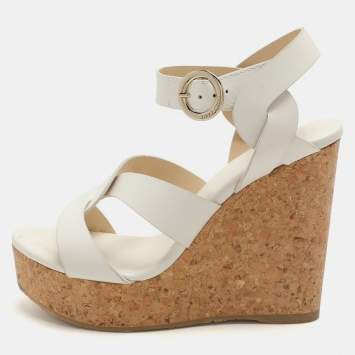 Pre Owned Jimmy Choo White Leather Wedge Cork Platform Sandals Size 38.5