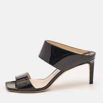 Pre Owned Jimmy Choo Black Patent Leather Hira 85 Slide Sandals Size 38
