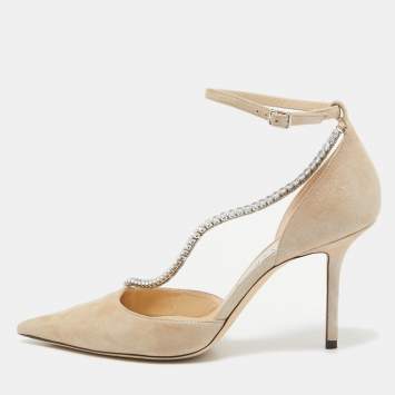Pre Owned Jimmy Choo Beige Textured Suede Crystal Chain Talika Pumps Size 40