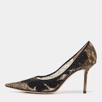 Pre Owned Jimmy Choo Black Floral Lace Pointed Toe Pumps Size 40.5
