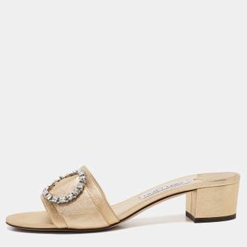 Pre Owned Jimmy Choo Gold Leather Crystal Embellished Minea Slide Sandals Size 40.5