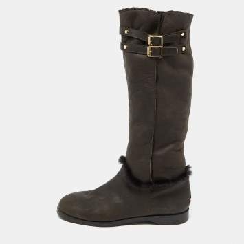 Pre Owned Jimmy Choo Dark Brown Leather and Fur High Snow Boots Size 40