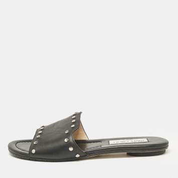 Pre Owned Jimmy Choo Black Leather Studded Nanda Flat Slides Size 37