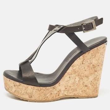 Pre Owned Jimmy Choo Black Leather Native Cork Wedge Sandals Size 35.5
