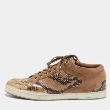 Pre Owned Jimmy Choo Beige Python Embossed Leather and Suede Miami Lace Up Sneakers Size 40