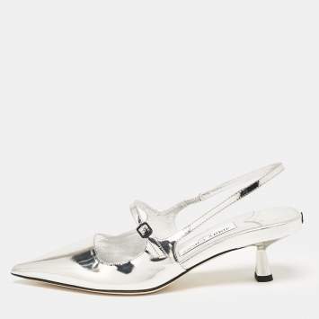 Pre Owned Jimmy Choo Silver Leather Didi Pointed Toe Slingback Pumps Size 38