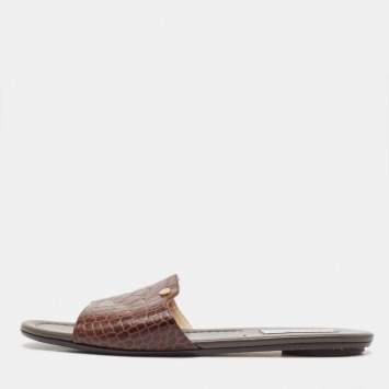 Pre Owned Jimmy Choo Brown Croc Embossed Leather Nanda Flat Sandals Size 39.5
