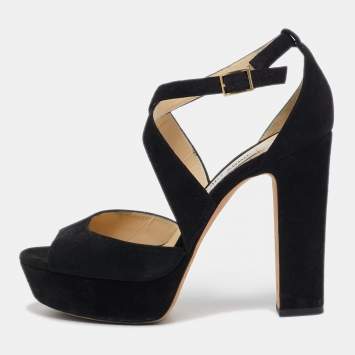 Pre Owned Jimmy Choo Black Suede Platform Ankle Strap Sandals Size 39