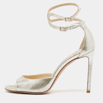 Pre Owned Jimmy Choo Silver Leather Ankle Strap Sandals Size 38