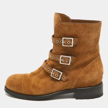 Pre Owned Jimmy Choo Brown Suede Dover Moto Boots Size 38