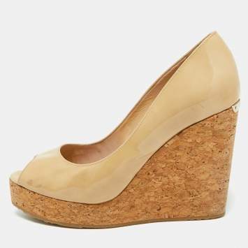 Pre Owned Jimmy Choo Beige Patent Leather Parley Cork Platform Wedge Pumps Size 39.5