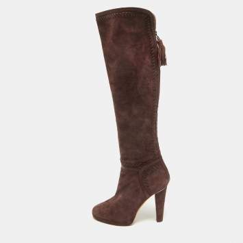 Pre Owned Jimmy Choo Burgundy Leather and Suede Knee Length Boots Size 40