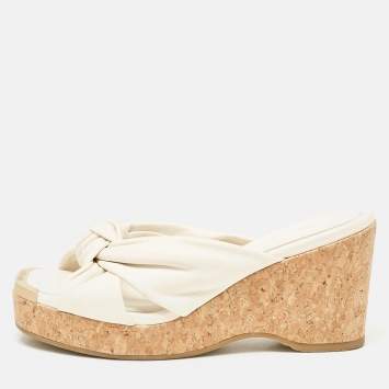 Pre Owned Jimmy Choo Cream Knotted Leather Avenue Wedge Sandals Size 40