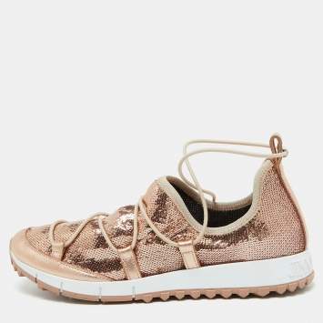 Pre Owned Jimmy Choo Rose Pink Metallic Leather and Sequins Andrea Sneakers Size 38