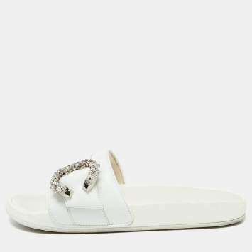 Pre Owned Jimmy Choo White Leather Crystal Embellished Flat Slides Size 41