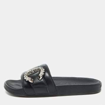 Pre Owned Jimmy Choo Black Leather Crystal Embellished Flat Slides Size 41