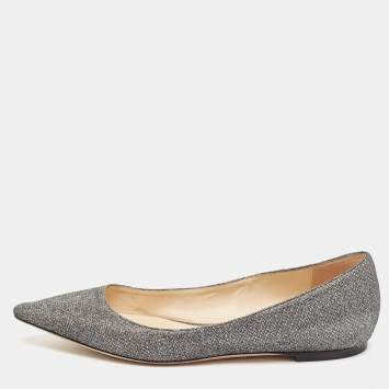 Pre Owned Jimmy Choo Metallic Grey Lurex Fabric Romy Flats Size 38.5