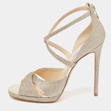 Pre Owned Jimmy Choo Gold Glitter Lorina Sandals Size 39.5