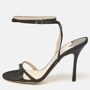 Pre Owned Jimmy Choo Black Satin Elaine Ankle Strap Sandals Size 38.5