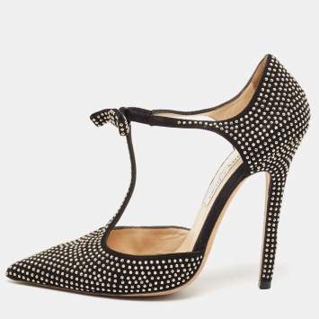 Pre Owned Jimmy Choo Black Studded Suede Talan T Strap Pumps Size 36