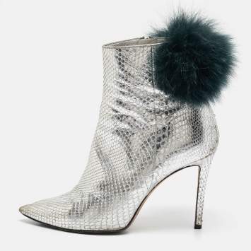 Pre Owned Jimmy Choo Silver Python Embossed Leather and Fur Ankle Length Boots Size 36.5