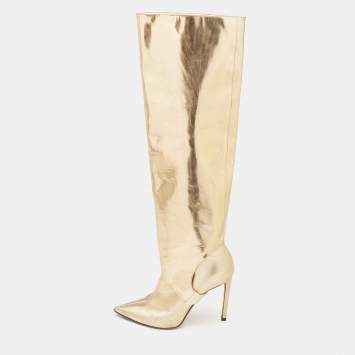Pre Owned Jimmy Choo Gold Patent Leather Knee Length Boots Size 36.5
