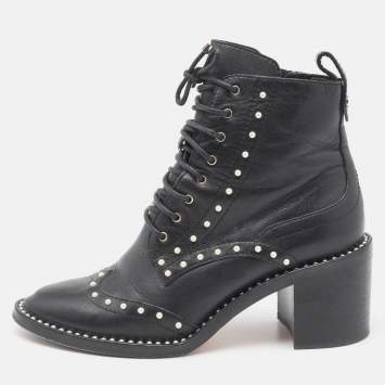 Pre Owned Jimmy Choo Black Leather Studded Ankle Boots Size 36.5