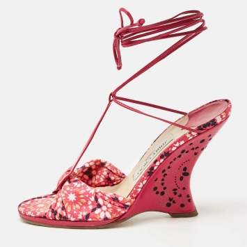 Pre Owned Jimmy Choo Pink Fabric and Leather Wedge Sandals Size 38