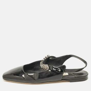 Pre Owned Jimmy Choo Black Patent Crystal Embellished Slingback Flat Sandals Size 35