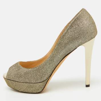 Pre Owned Jimmy Choo Metallic Gold Lurex Fabric Peep Toe Platform Pumps Size 39.5