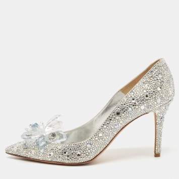 Pre Owned Jimmy Choo Silver Swarovski Crystal Embellished Leather Avril Pointed Toe Pumps Size 38.5