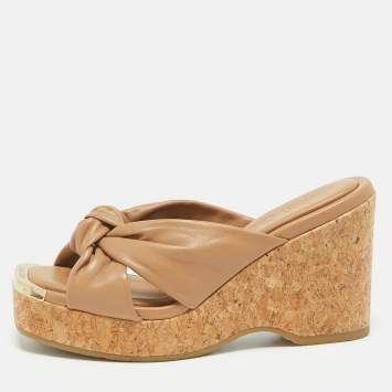 Pre Owned Jimmy Choo Brown Knotted Leather Avenue Wedge Sandals Size 36