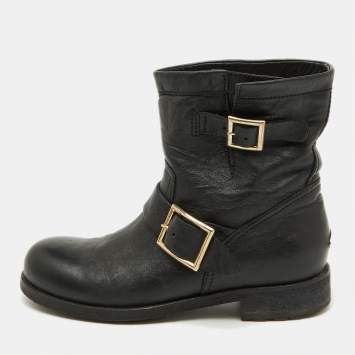 Pre Owned Jimmy Choo Black Leather Biker Ankle Boots Size 37