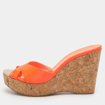 Pre Owned Jimmy Choo Neon Orange Patent Leather Wedge Sandals Size 40.5