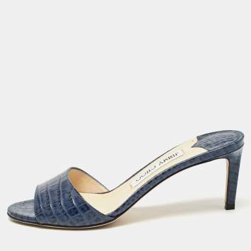 Pre Owned Jimmy Choo Blue Croc Embossed Leather Stacey Slide Sandals Size 37