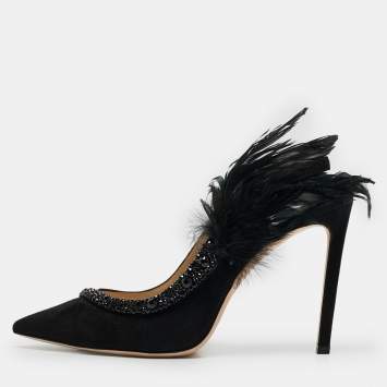 Pre Owned Jimmy Choo Black Suede and Feather Tacey Slingback Pumps Size 38.5